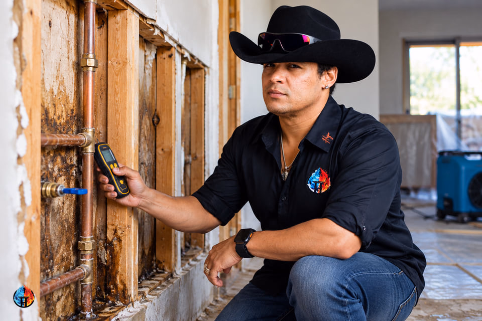 AI-generated illustration of a restoration professional inspecting a water-damaged room.