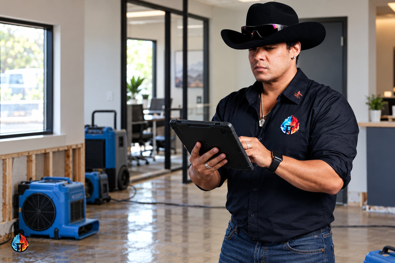 AI-generated illustration of a restoration professional reviewing an office interior with a tablet.