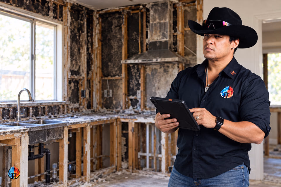 AI-generated illustration of a restoration professional inspecting a fire-damaged kitchen.