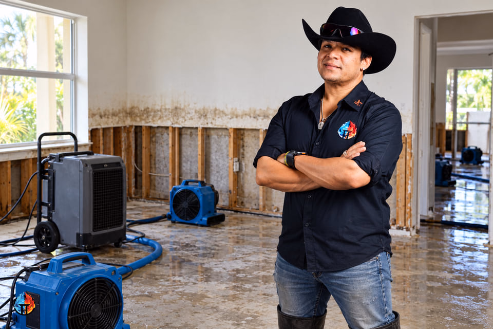 AI-generated illustration of a restoration professional with an air mover in a water-damaged room.
