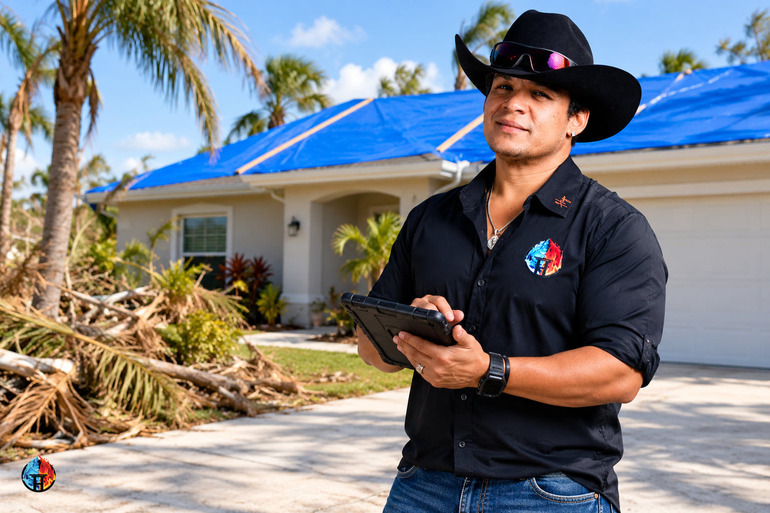 AI-generated illustration of a restoration professional beside a home with a blue roof tarp.
