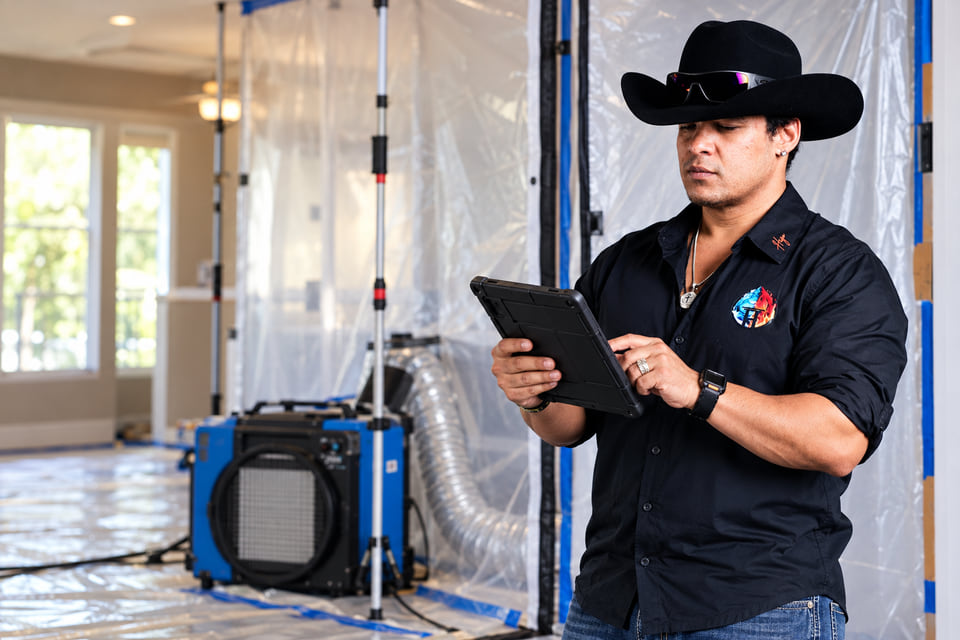 AI-generated marketing illustration of Hugo Garcia for mold remediation.