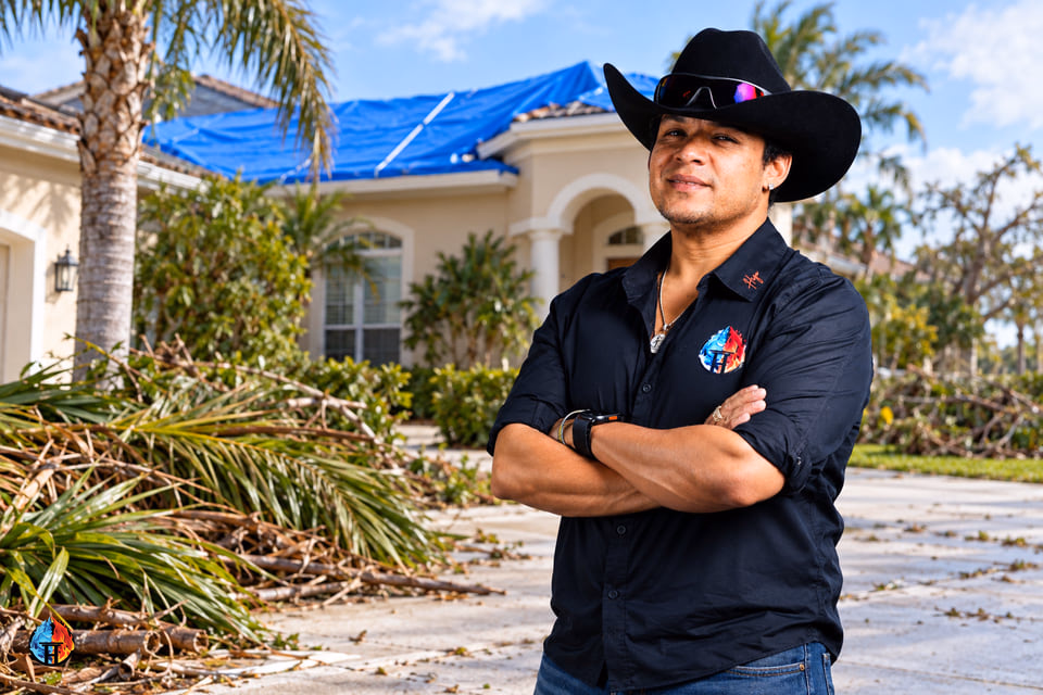 AI-generated illustration of a restoration professional beside a Florida home with a blue roof tarp.