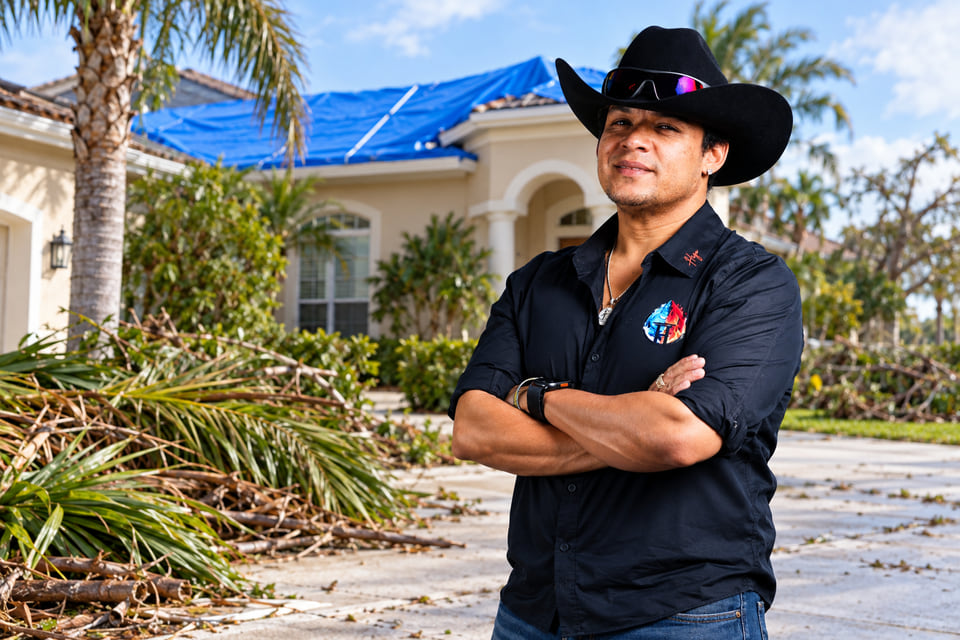 AI-generated marketing illustration of Hugo Garcia for storm damage restoration.