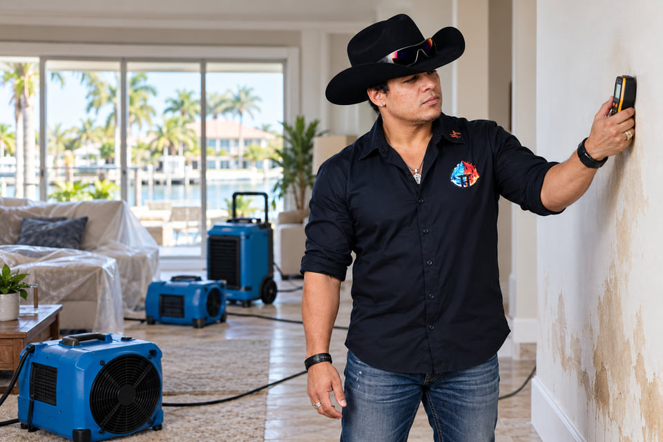 AI-generated marketing illustration of Hugo Garcia for water damage restoration.