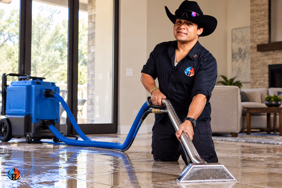 AI-generated illustration of a restoration professional extracting water from a home's floor.