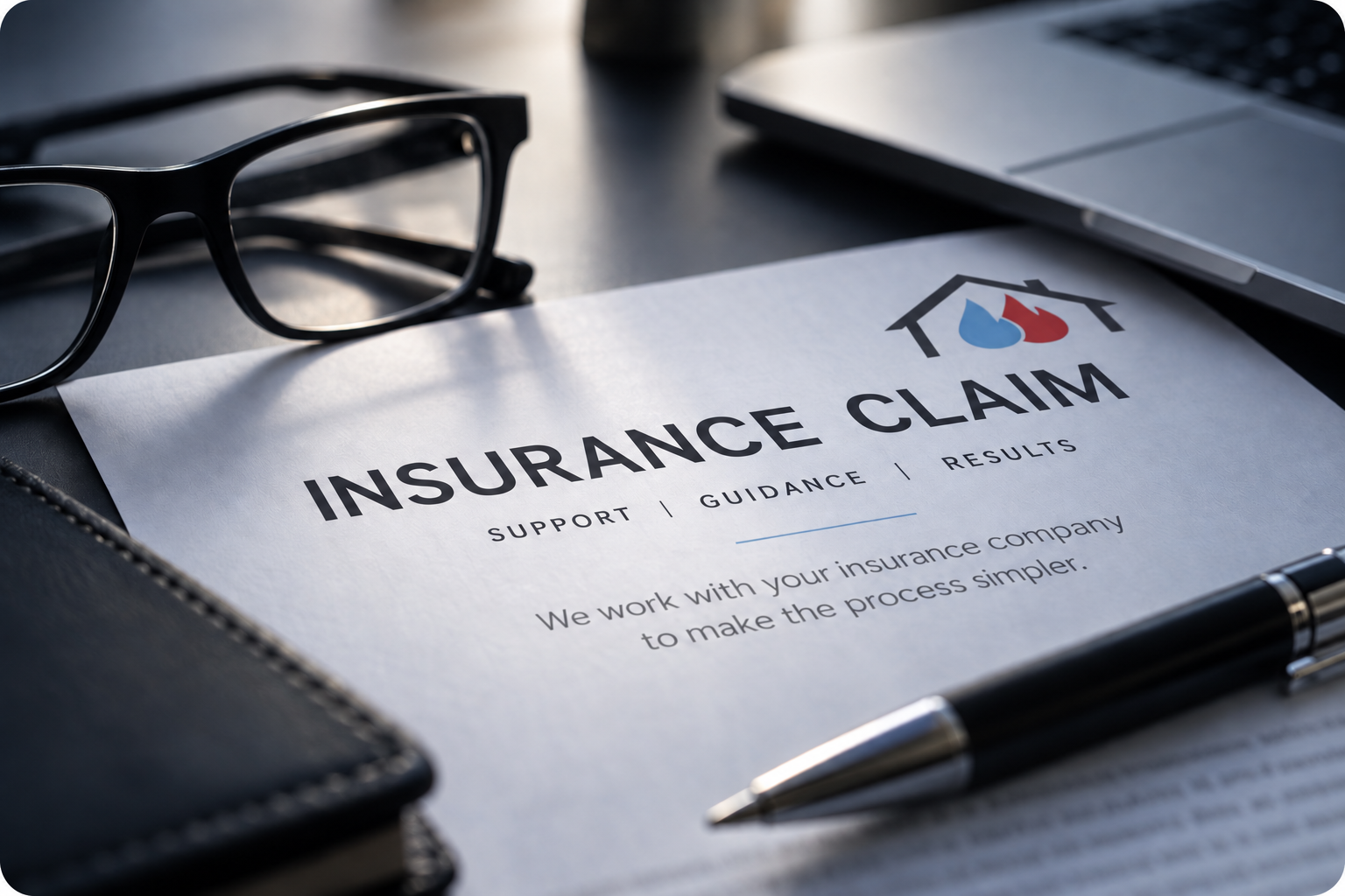 Insurance claim document beside glasses, a laptop, and a pen